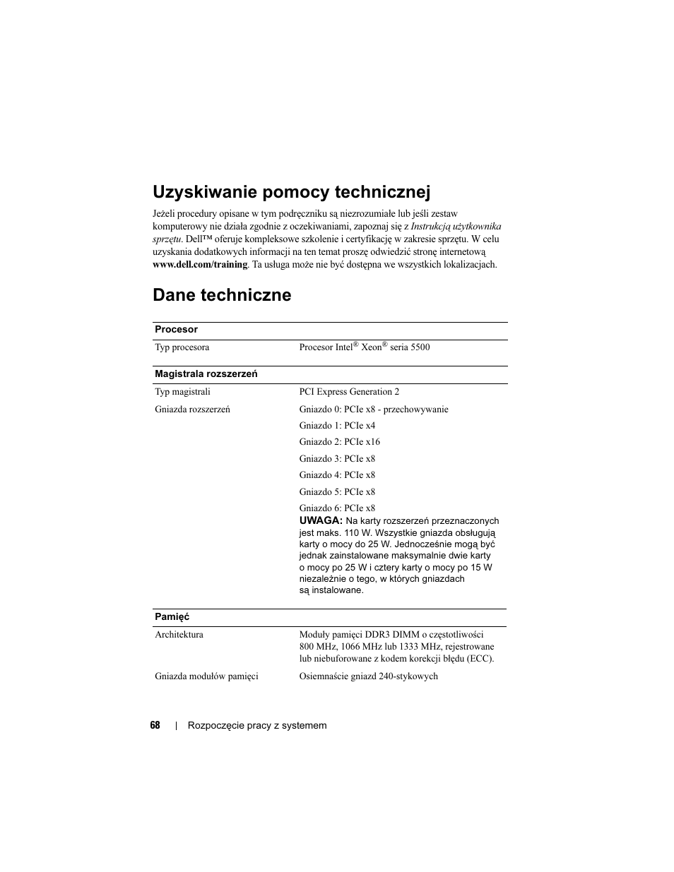 Uzyskiwanie pomocy technicznej, Dane techniczne | Dell PowerEdge T710 User Manual | Page 70 / 122