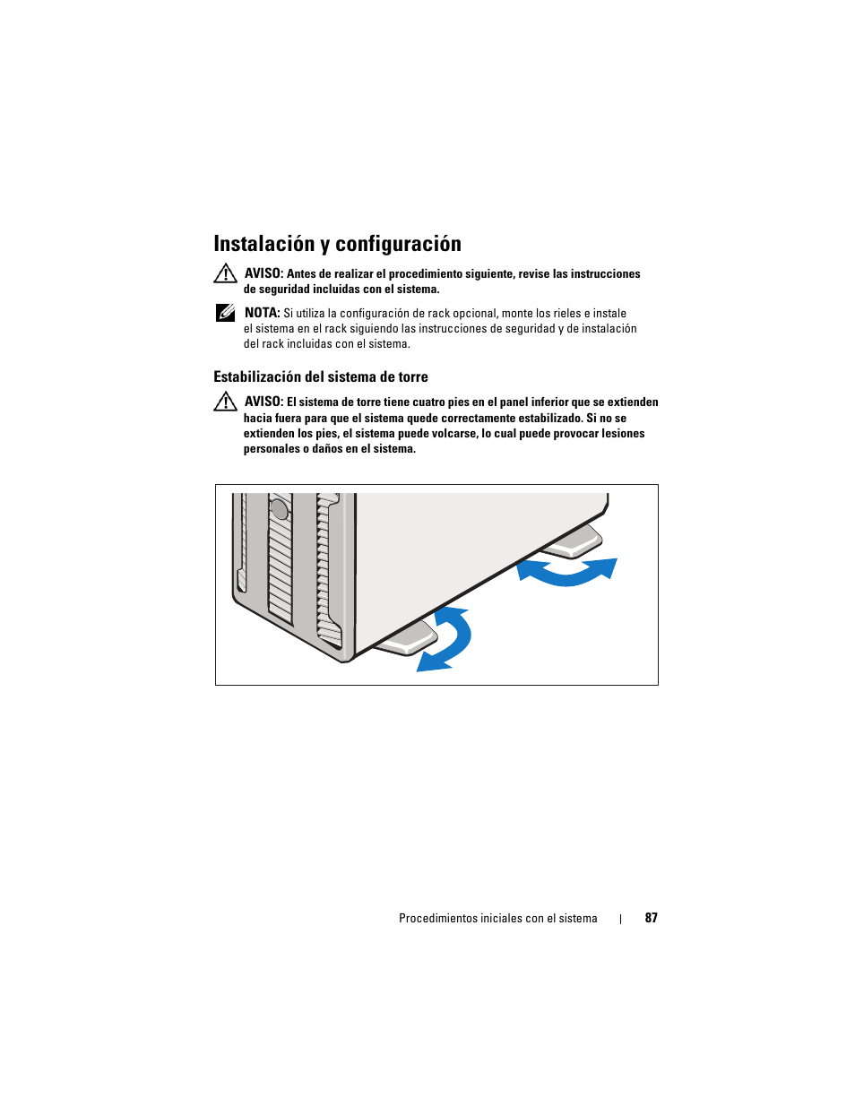 Instalación y configuración, Estabilización del sistema de torre | Dell PowerEdge T710 User Manual | Page 89 / 122