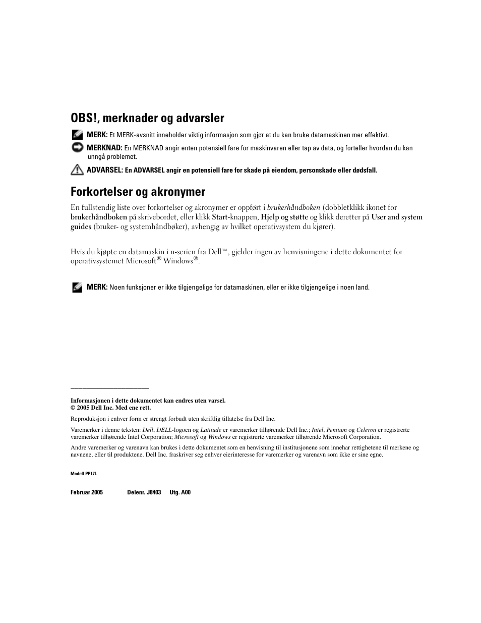 Obs!, merknader og advarsler, Forkortelser og akronymer | Dell Latitude D510 User Manual | Page 106 / 234