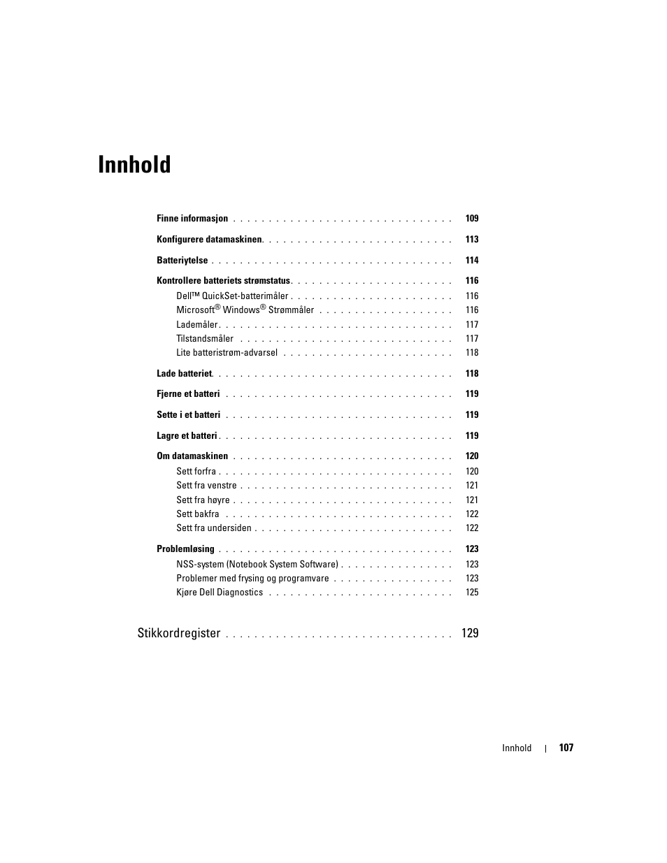 Innhold, Stikkordregister | Dell Latitude D510 User Manual | Page 107 / 234