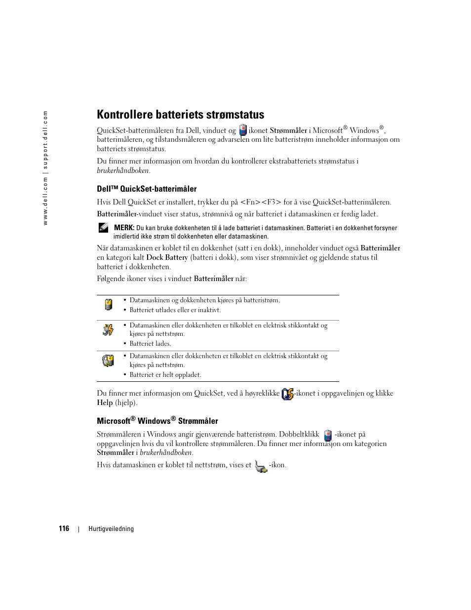 Kontrollere batteriets strømstatus, Dell™ quickset-batterimåler, Microsoft® windows® strømmåler | Microsoft | Dell Latitude D510 User Manual | Page 116 / 234