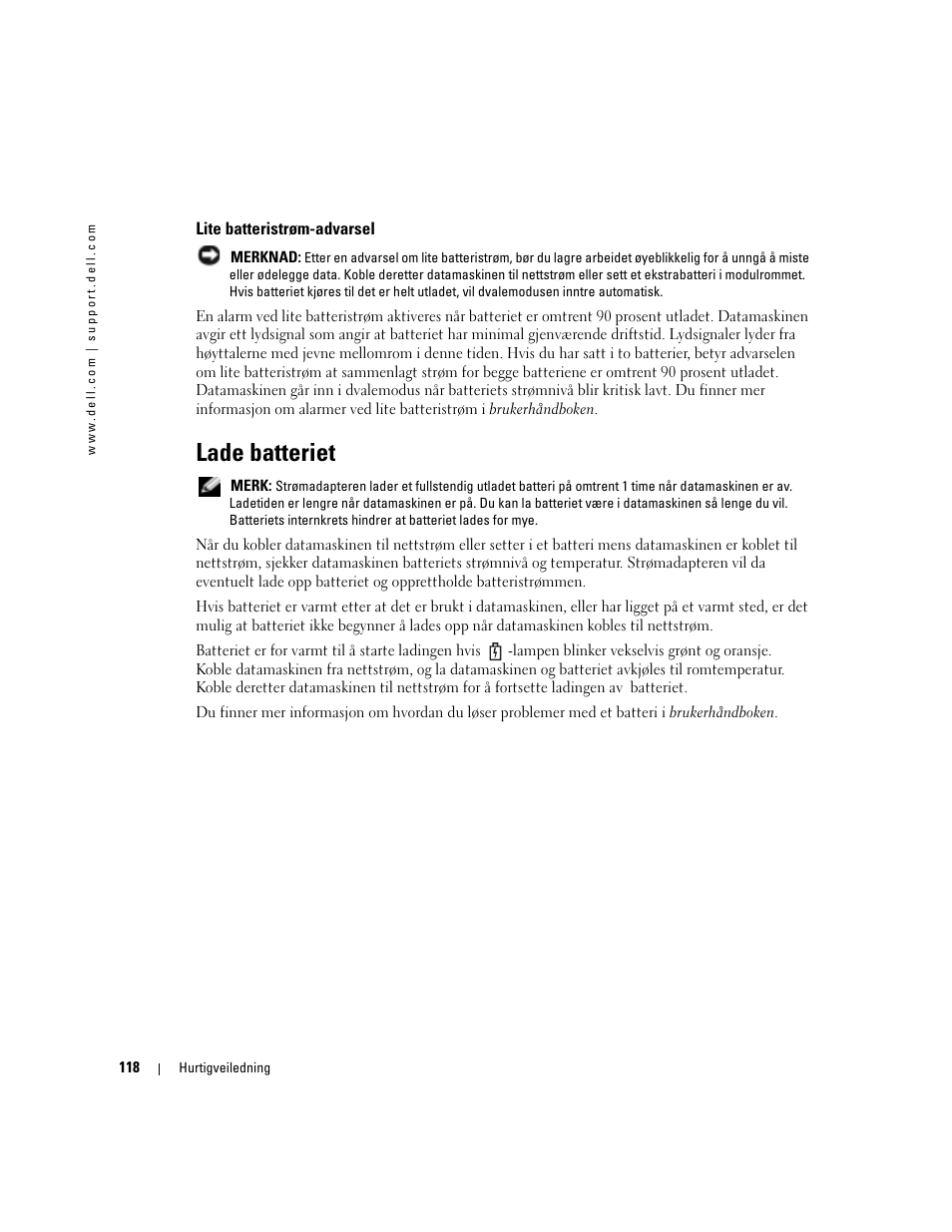 Lite batteristrøm-advarsel, Lade batteriet | Dell Latitude D510 User Manual | Page 118 / 234
