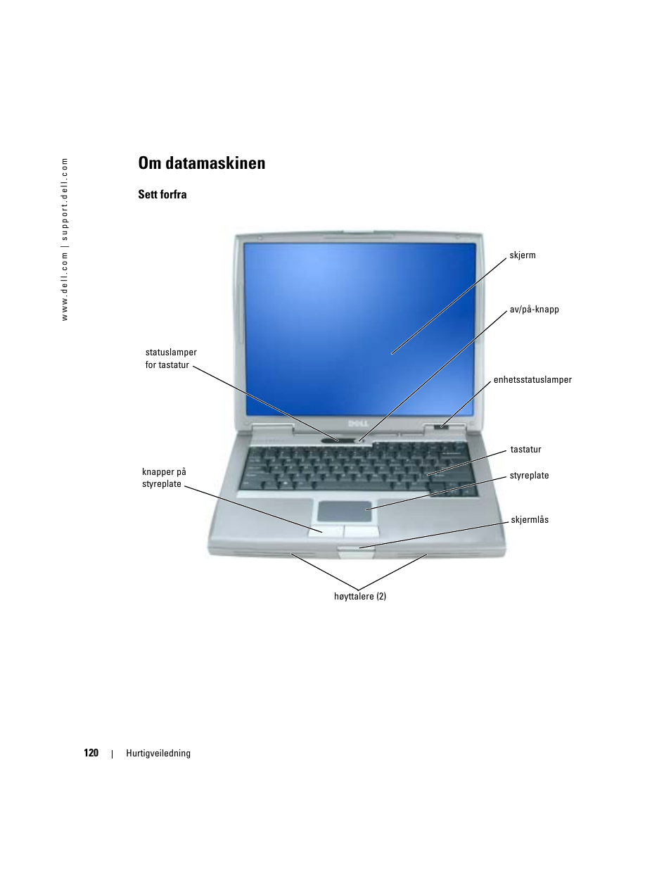Om datamaskinen, Sett forfra | Dell Latitude D510 User Manual | Page 120 / 234