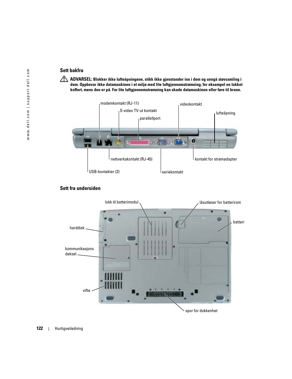 Sett bakfra, Sett fra undersiden | Dell Latitude D510 User Manual | Page 122 / 234