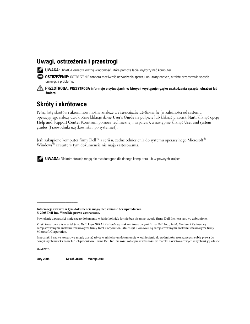 Uwagi, ostrzeżenia i przestrogi, Skróty i skrótowce | Dell Latitude D510 User Manual | Page 132 / 234