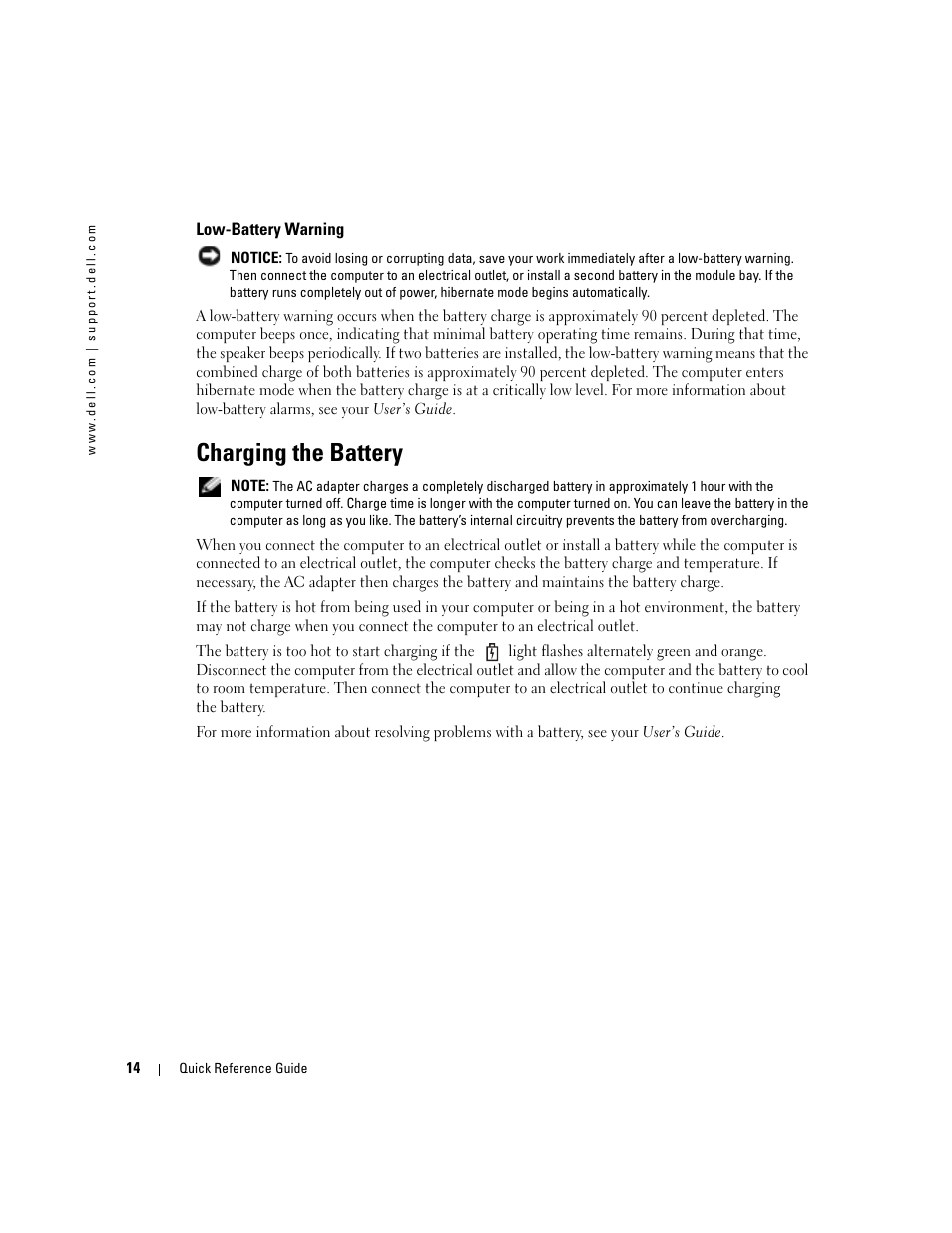 Low-battery warning, Charging the battery | Dell Latitude D510 User Manual | Page 14 / 234