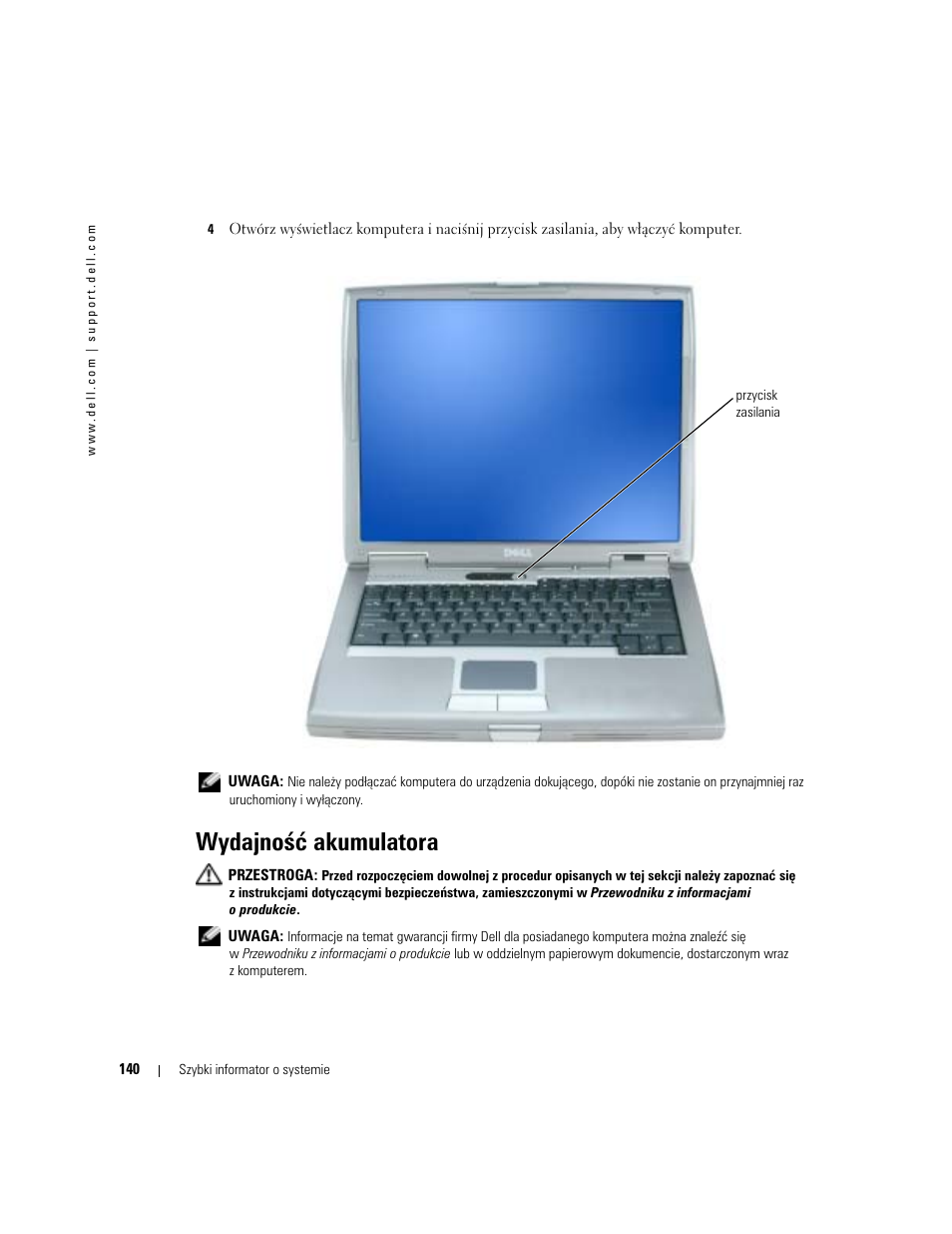 Wydajnoœæ akumulatora, Wydajność akumulatora | Dell Latitude D510 User Manual | Page 140 / 234