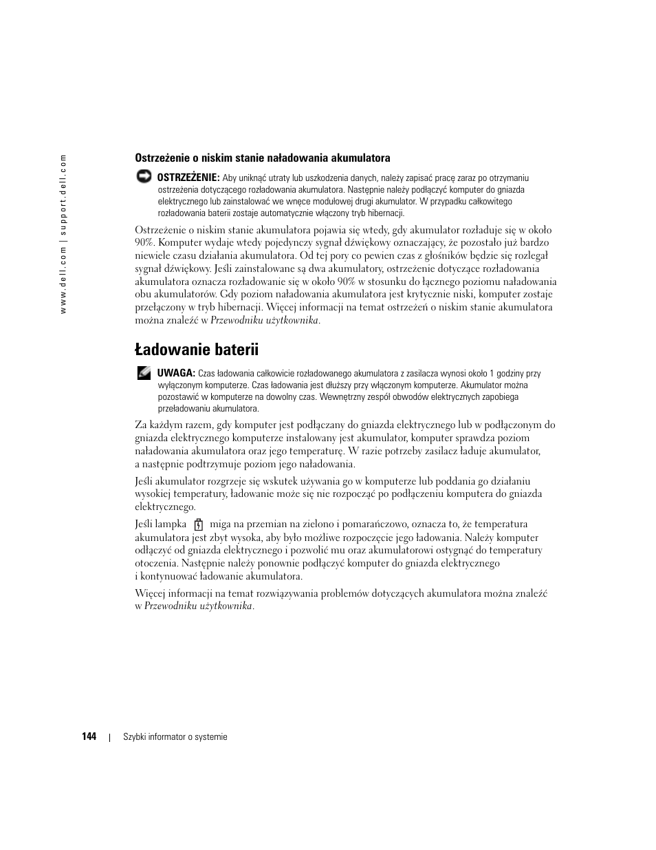 Ładowanie baterii | Dell Latitude D510 User Manual | Page 144 / 234