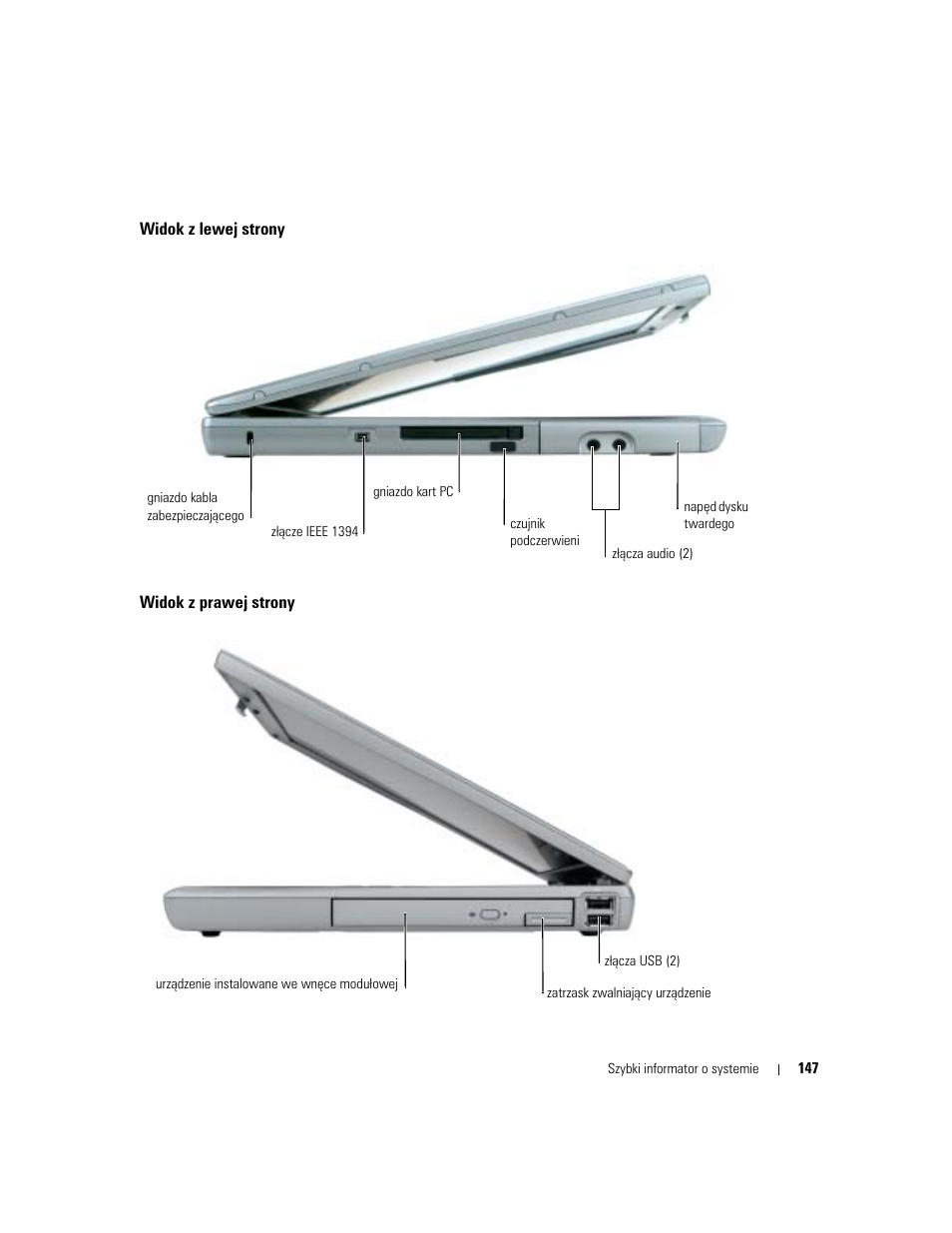 Widok z lewej strony, Widok z prawej strony | Dell Latitude D510 User Manual | Page 147 / 234