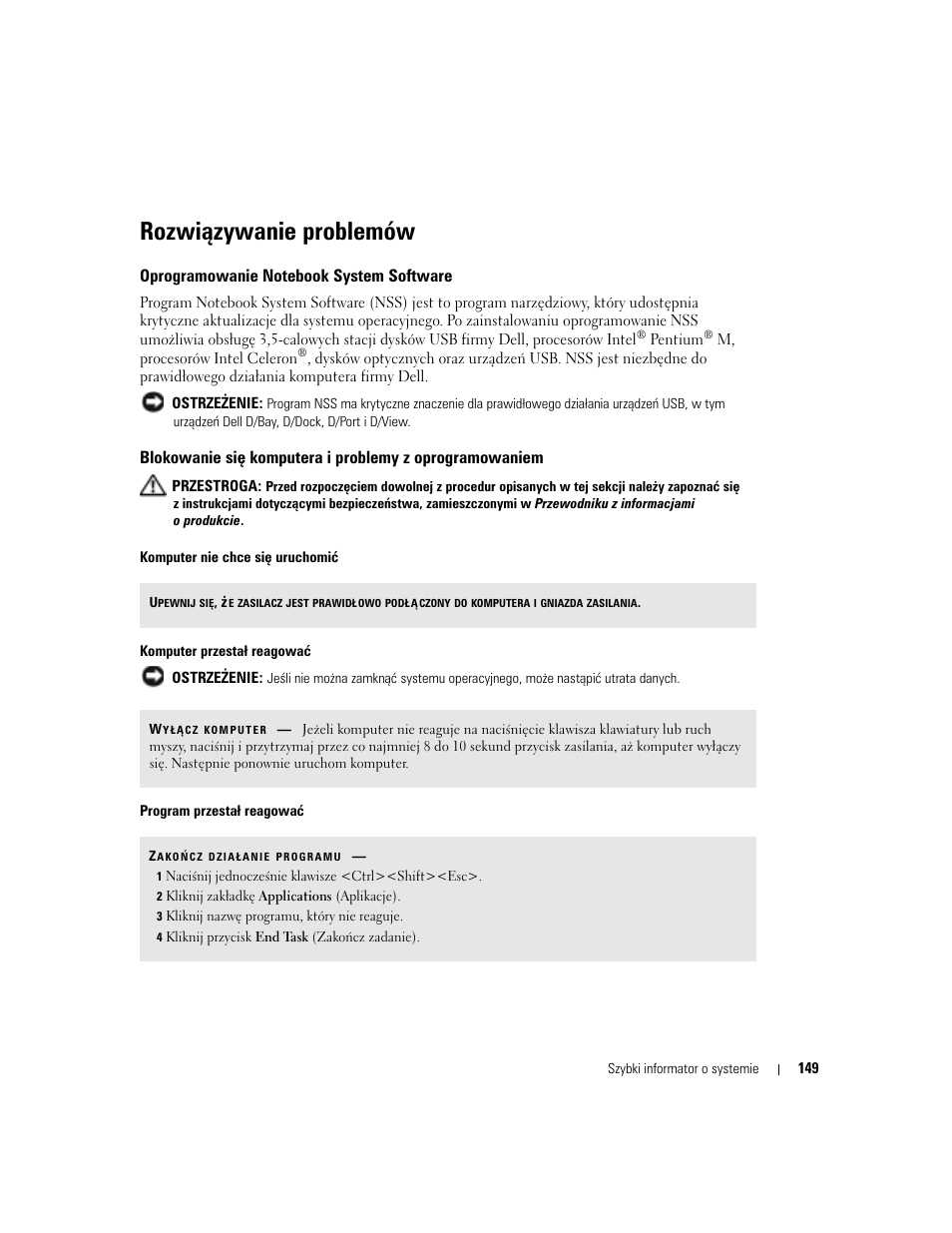 Rozwiązywanie problemów, Oprogramowanie notebook system software | Dell Latitude D510 User Manual | Page 149 / 234