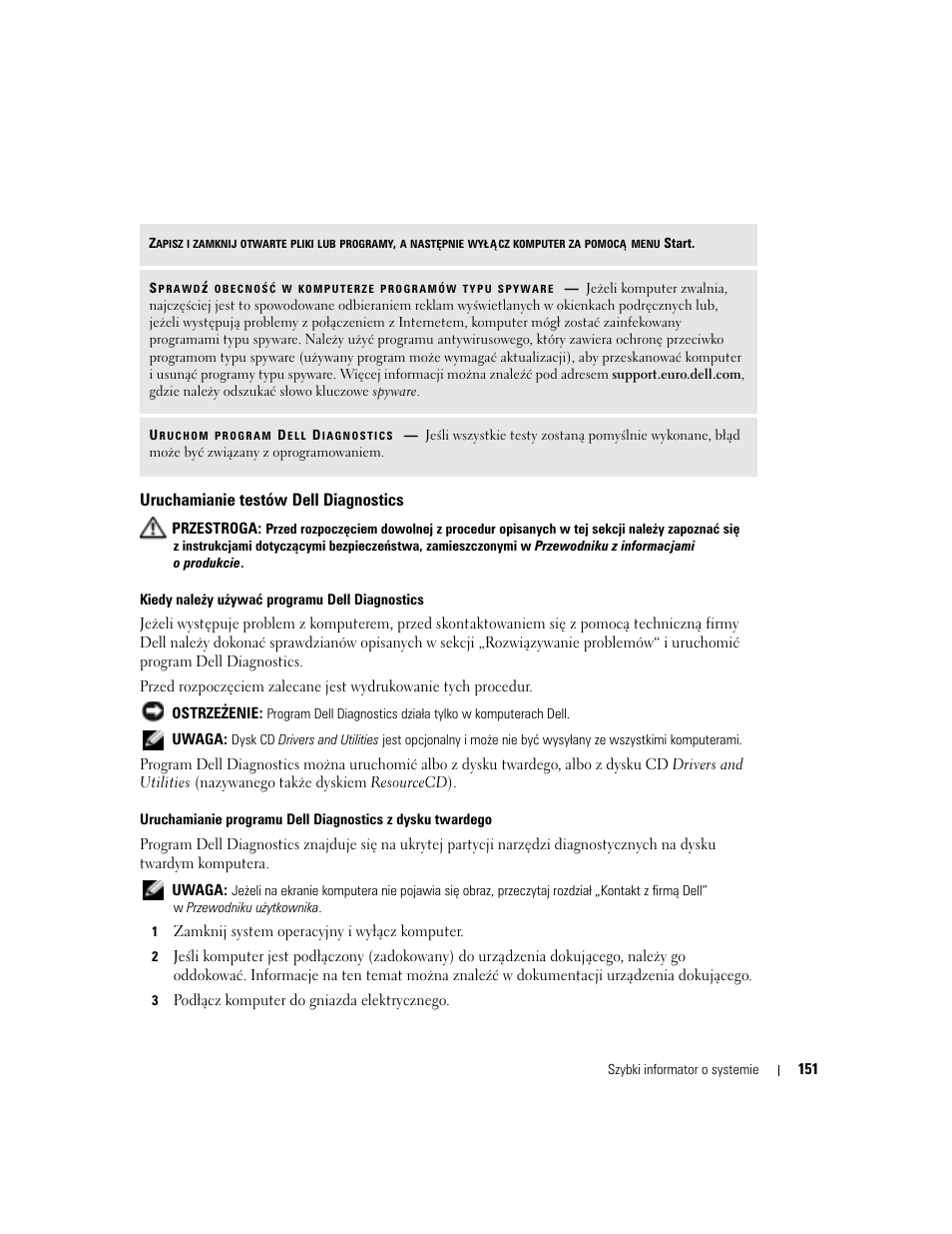 Uruchamianie testów dell diagnostics | Dell Latitude D510 User Manual | Page 151 / 234