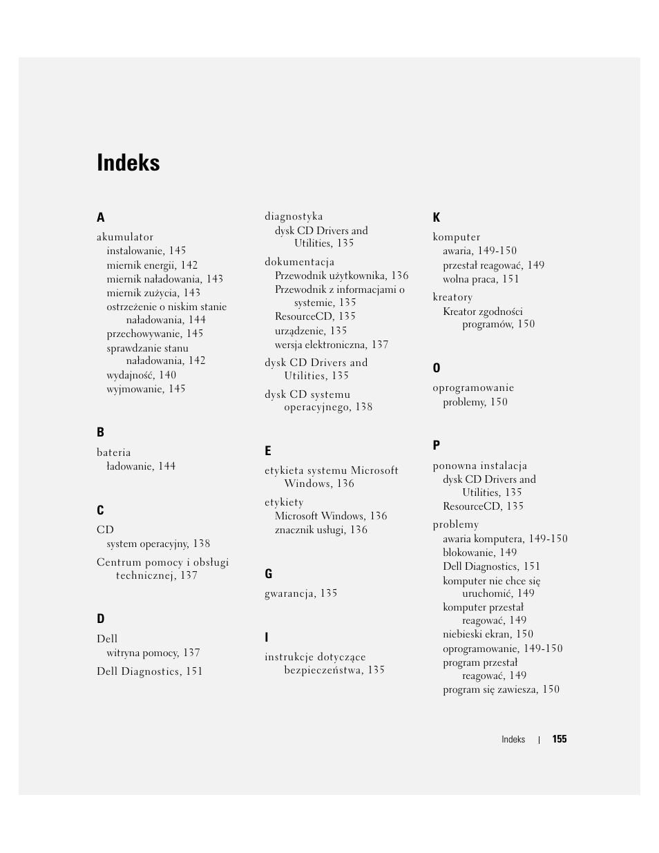 Indeks | Dell Latitude D510 User Manual | Page 155 / 234