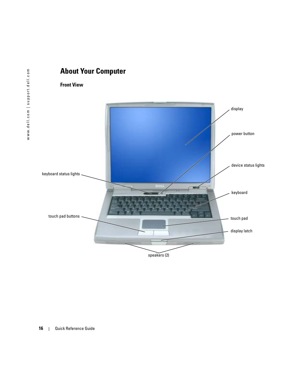 About your computer, Front view | Dell Latitude D510 User Manual | Page 16 / 234