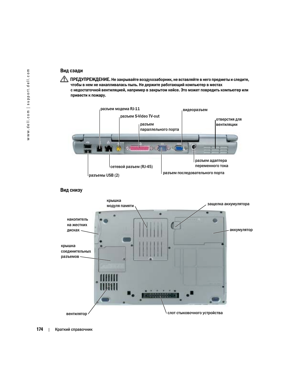 Вид сзади, Вид снизу | Dell Latitude D510 User Manual | Page 174 / 234