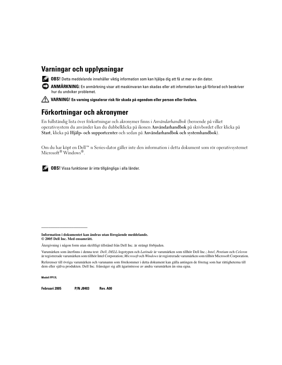 Varningar och upplysningar, Förkortningar och akronymer | Dell Latitude D510 User Manual | Page 184 / 234