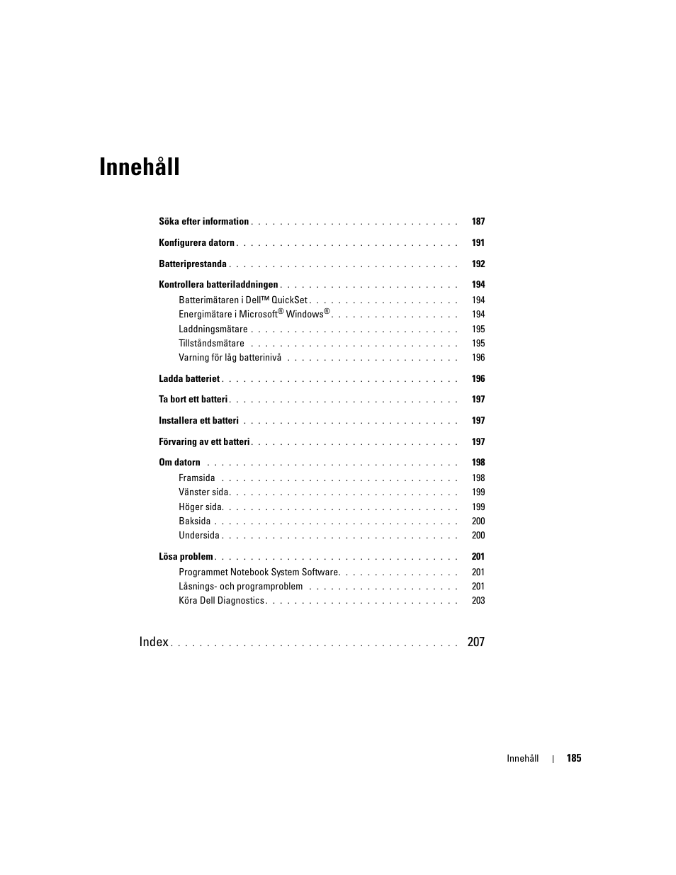 Innehåll, Index | Dell Latitude D510 User Manual | Page 185 / 234