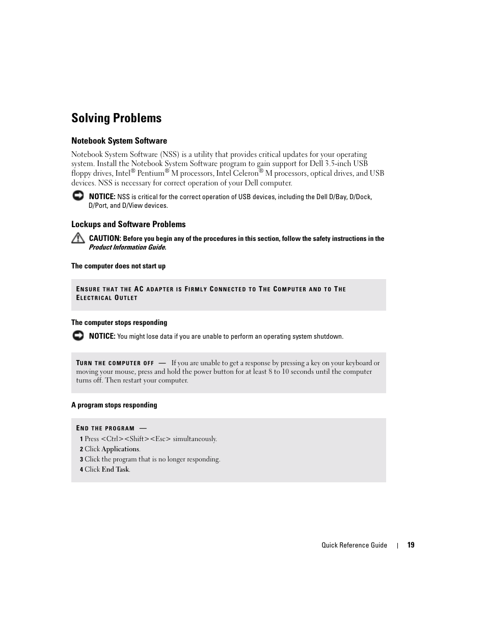 Solving problems, Notebook system software, Lockups and software problems | Dell Latitude D510 User Manual | Page 19 / 234