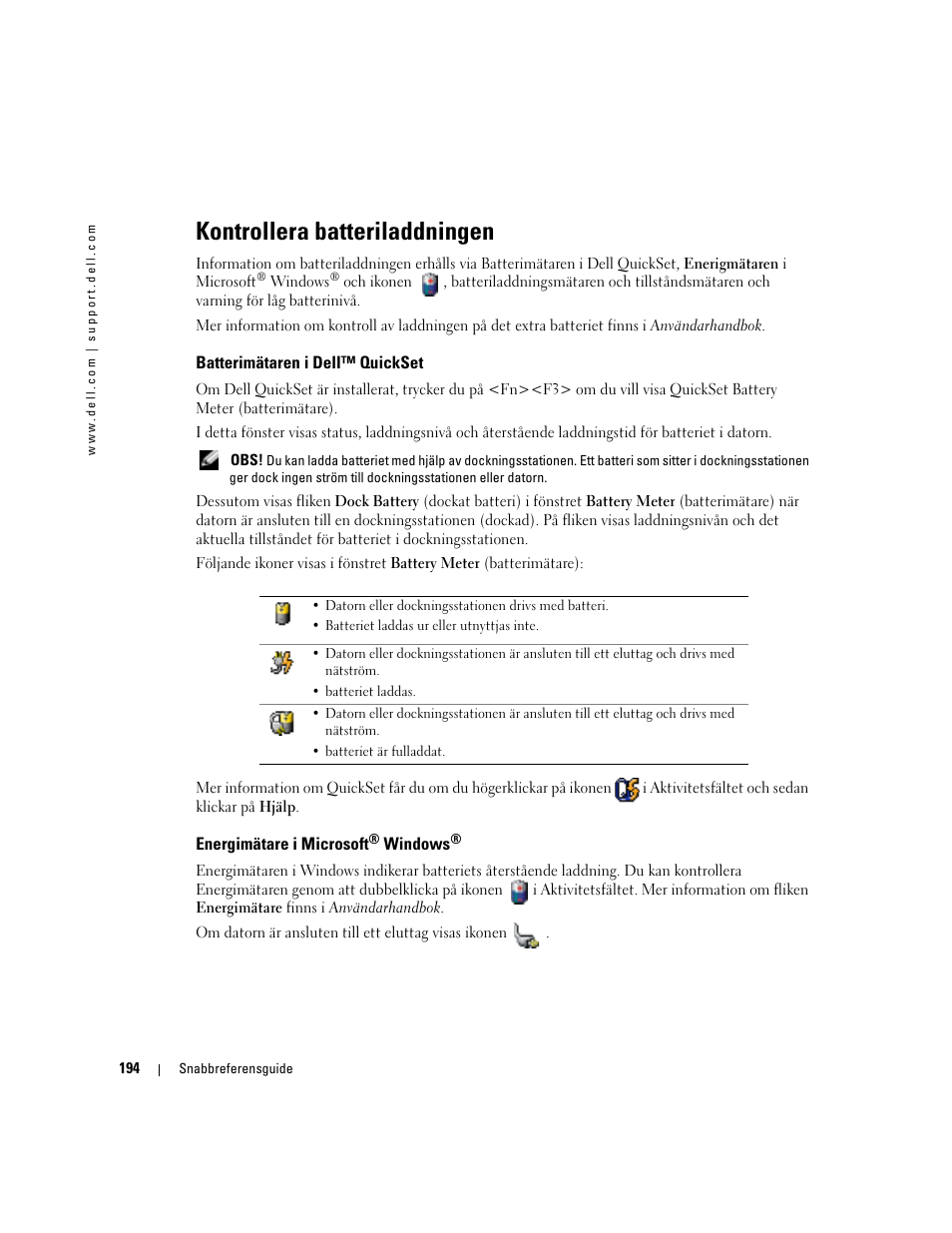 Kontrollera batteriladdningen, Batterimätaren i dell™ quickset, Energimätare i microsoft® windows | Energimätare i microsoft | Dell Latitude D510 User Manual | Page 194 / 234