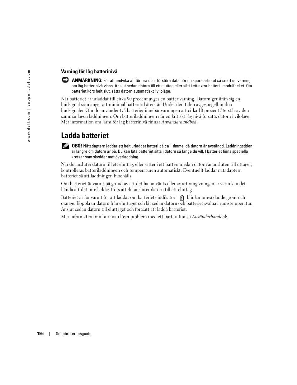 Varning för låg batterinivå, Ladda batteriet | Dell Latitude D510 User Manual | Page 196 / 234