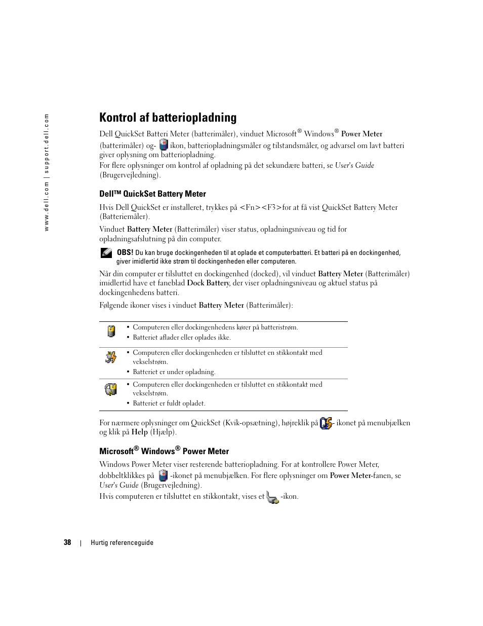 Kontrol af batteriopladning, Dell™ quickset battery meter, Microsoft® windows® power meter | Microsoft | Dell Latitude D510 User Manual | Page 38 / 234