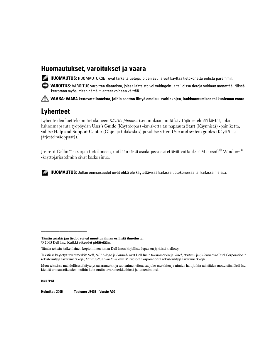 Huomautukset, varoitukset ja vaara, Lyhenteet | Dell Latitude D510 User Manual | Page 54 / 234
