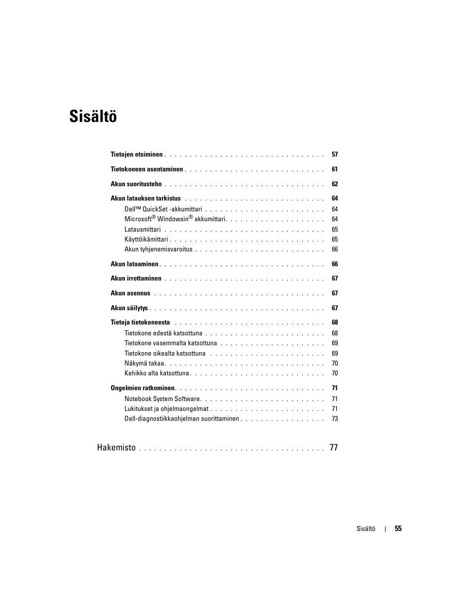 Sisältö, Hakemisto | Dell Latitude D510 User Manual | Page 55 / 234