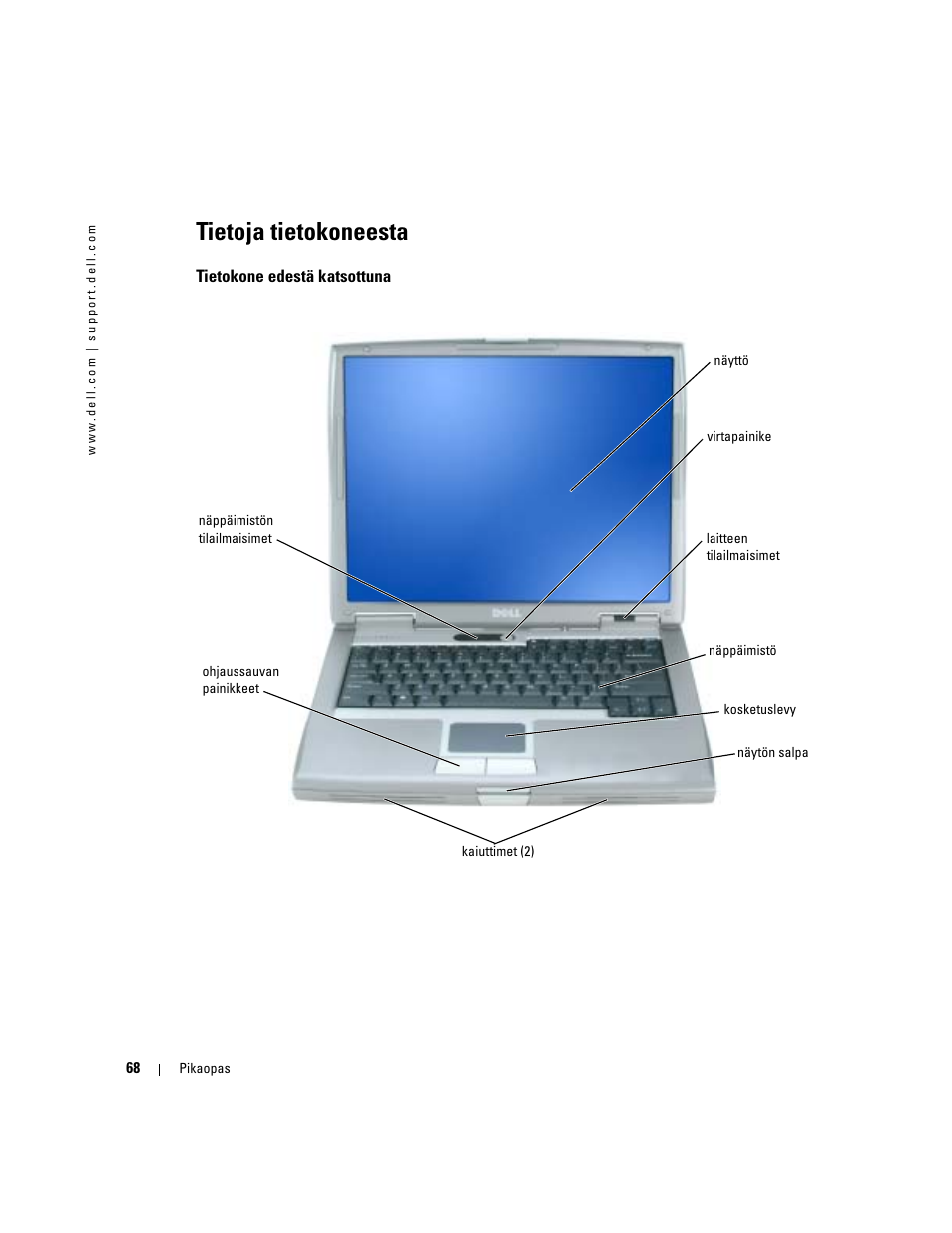 Tietoja tietokoneesta, Tietokone edestä katsottuna | Dell Latitude D510 User Manual | Page 68 / 234