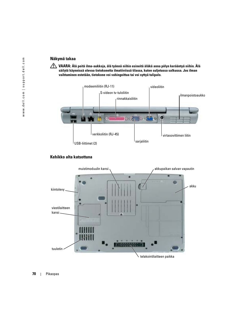 Näkymä takaa, Kehikko alta katsottuna | Dell Latitude D510 User Manual | Page 70 / 234