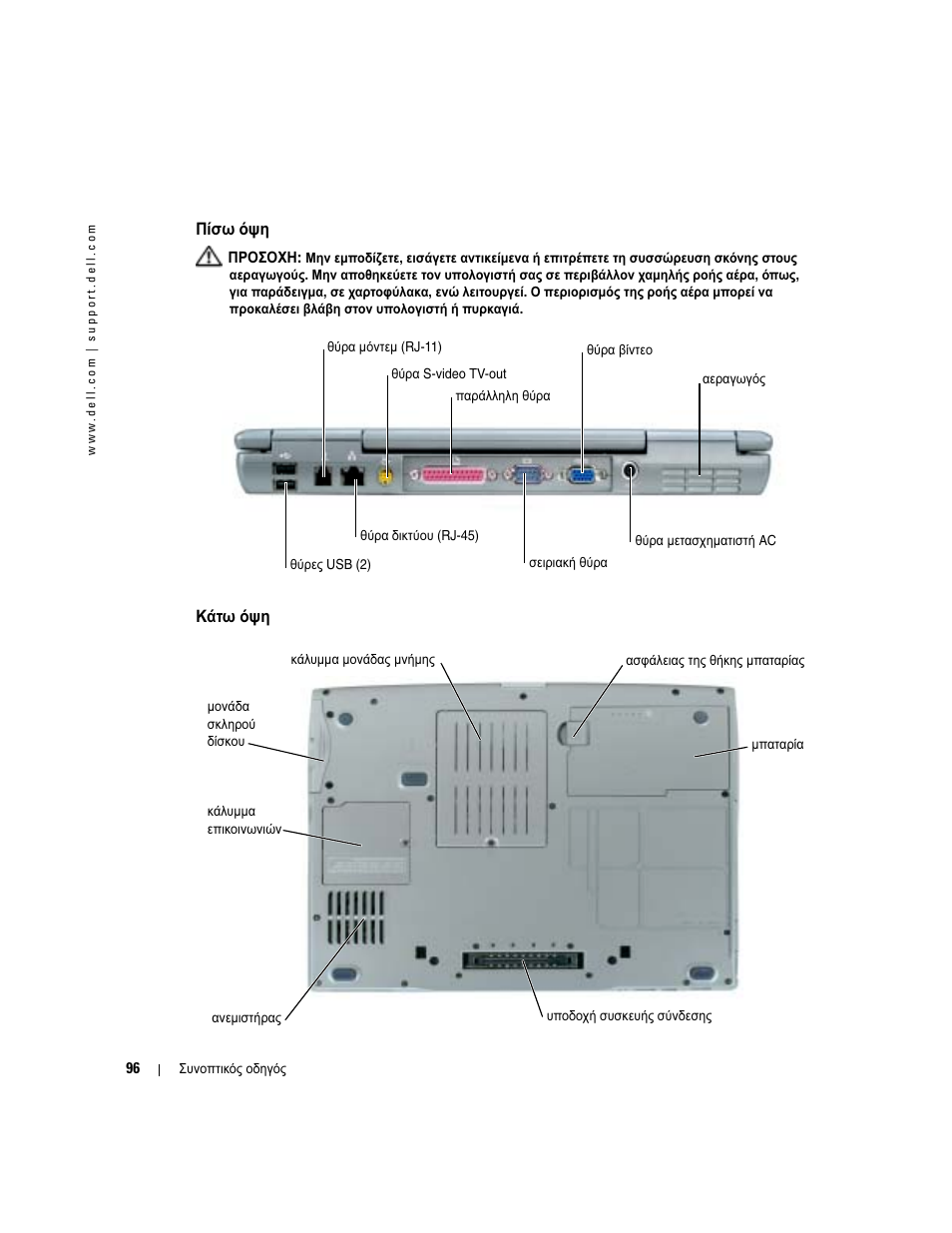 Πίσω όψη, Κάτω όψη | Dell Latitude D510 User Manual | Page 96 / 234