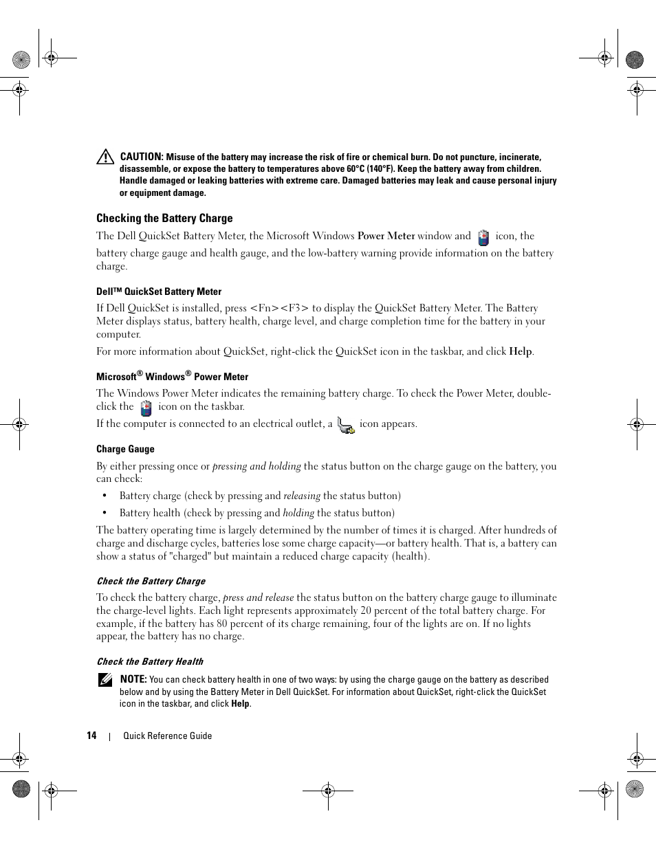 Checking the battery charge | Dell Latitude D630c User Manual | Page 14 / 168