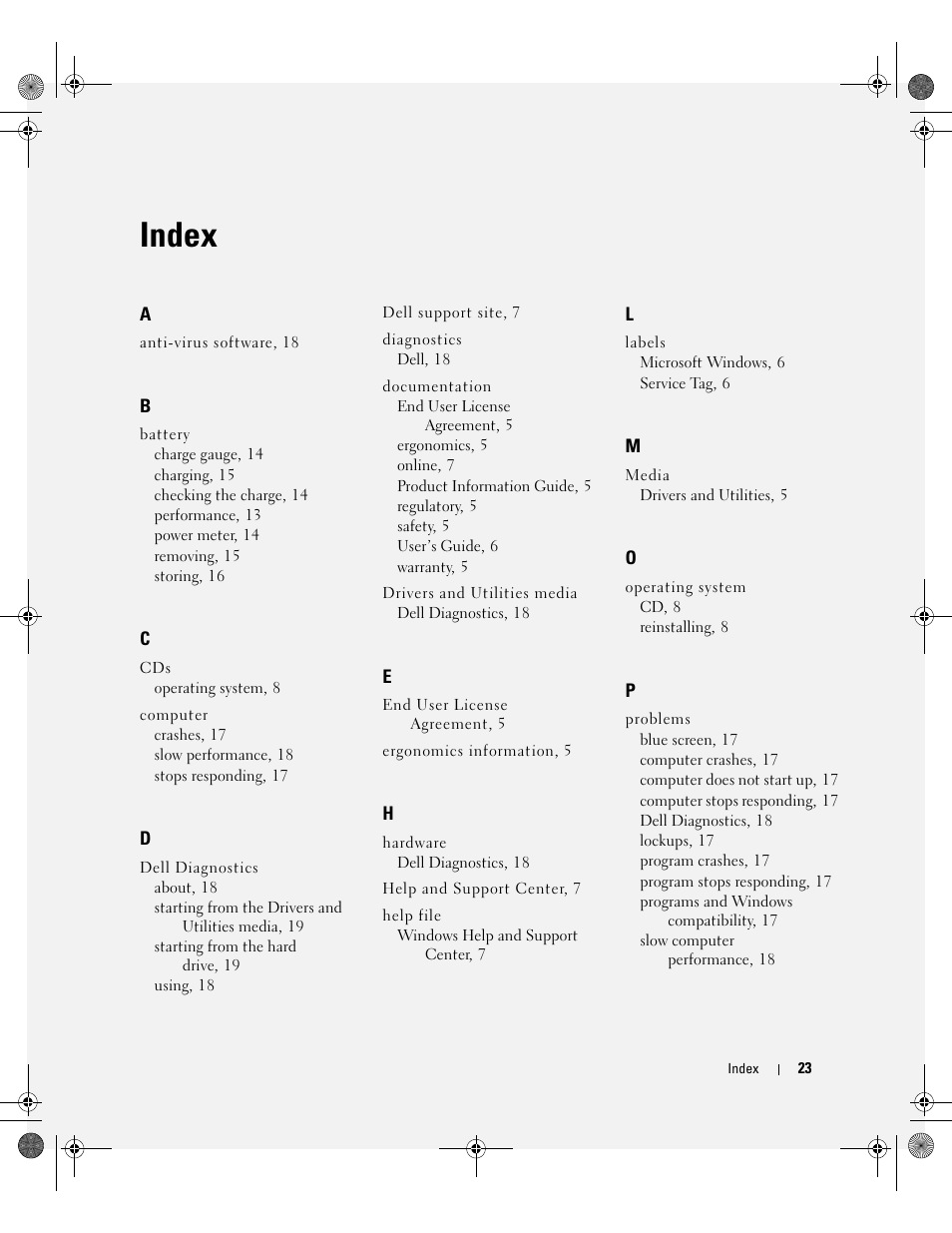 Index | Dell Latitude D630c User Manual | Page 23 / 168