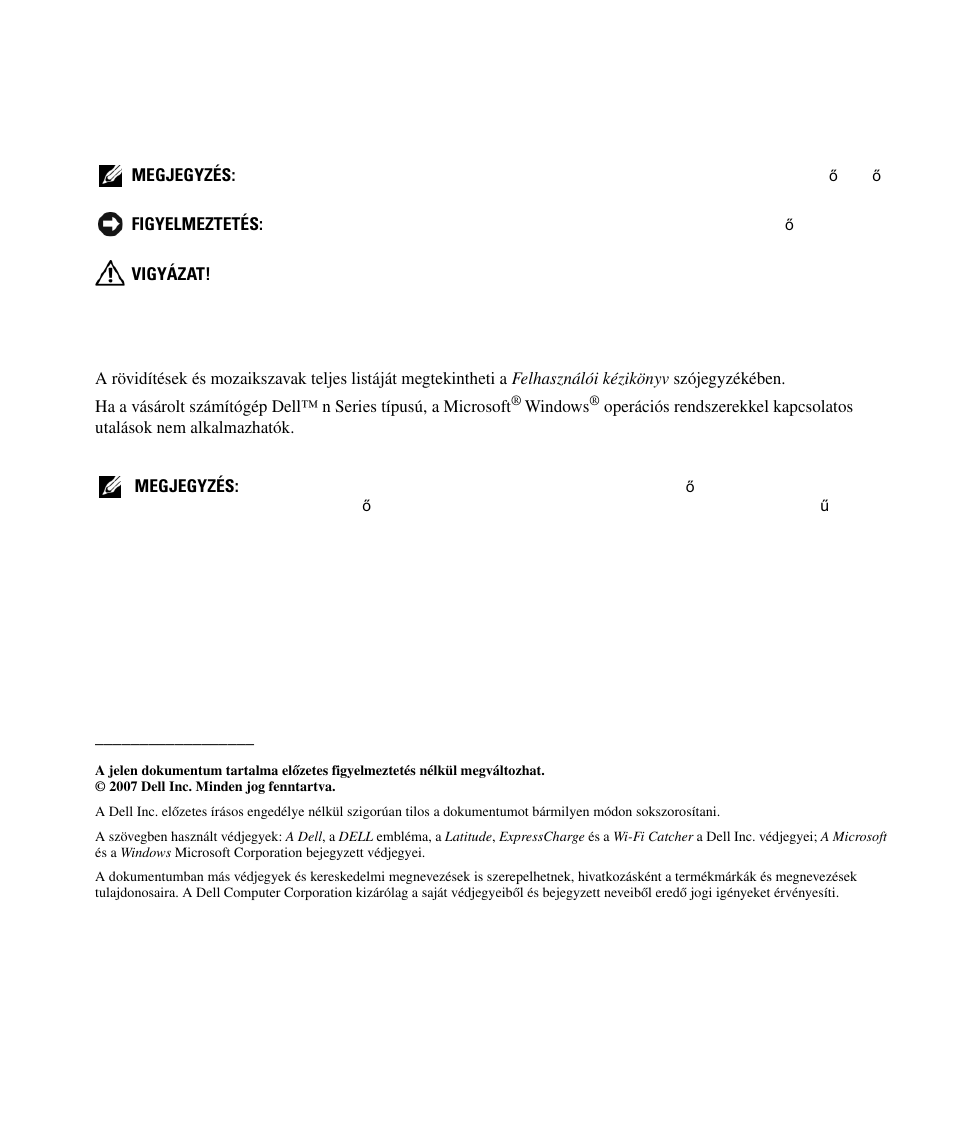 Megjegyzések, figyelmeztetések és óvintézkedések, Rövidítések és mozaikszavak | Dell Latitude D630c User Manual | Page 74 / 168