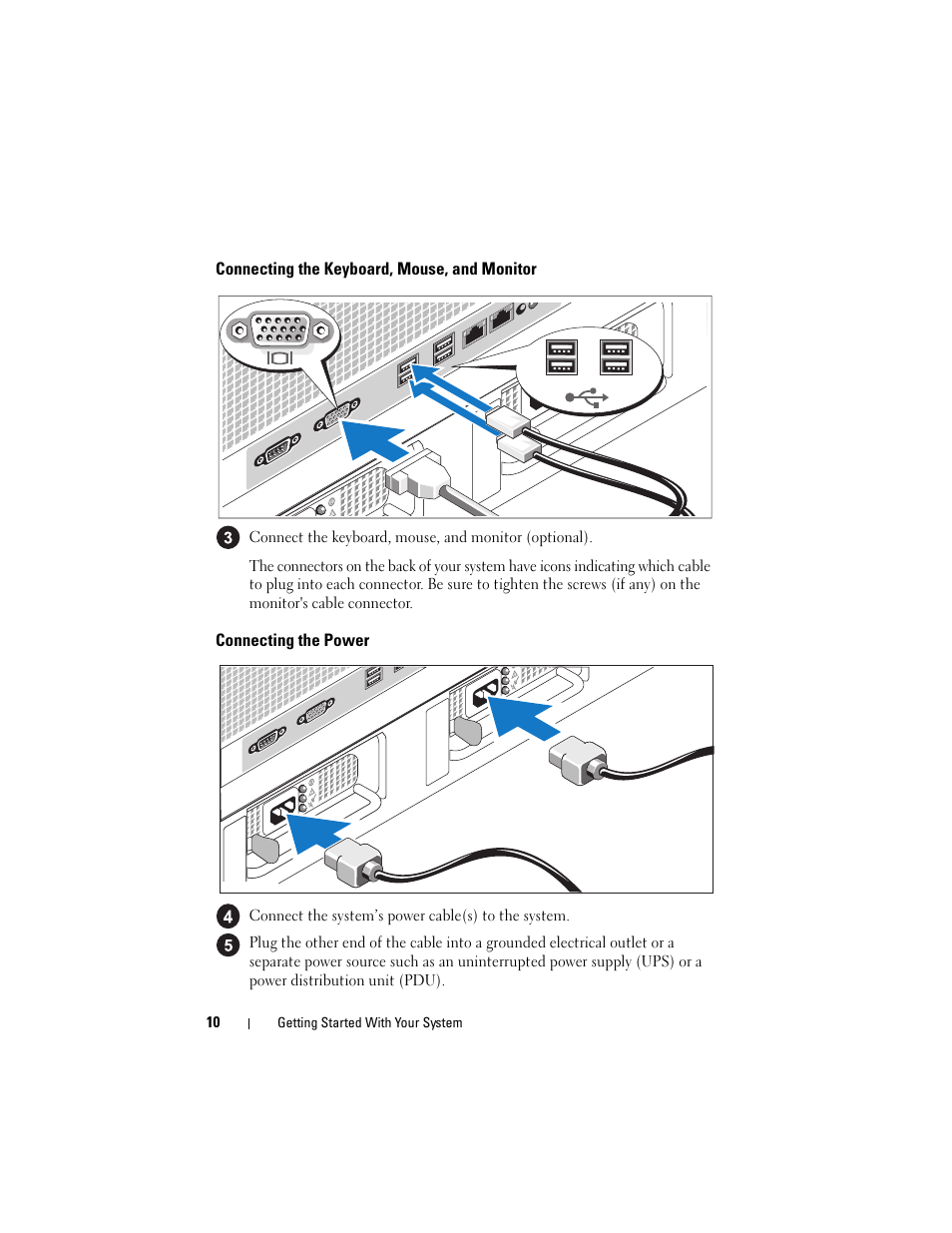 Connecting the keyboard, mouse, and monitor, Connecting the power | Dell PowerVault DP600 User Manual | Page 12 / 180