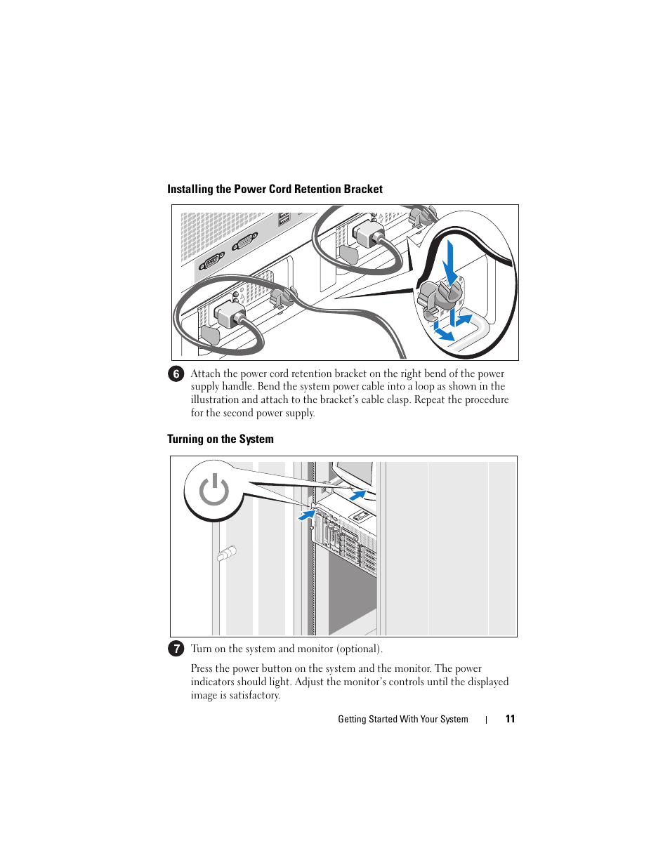 Installing the power cord retention bracket, Turning on the system | Dell PowerVault DP600 User Manual | Page 13 / 180