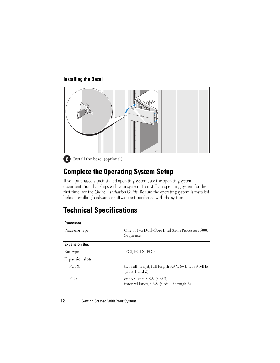 Installing the bezel, Complete the 0perating system setup, Technical specifications | Dell PowerVault DP600 User Manual | Page 14 / 180