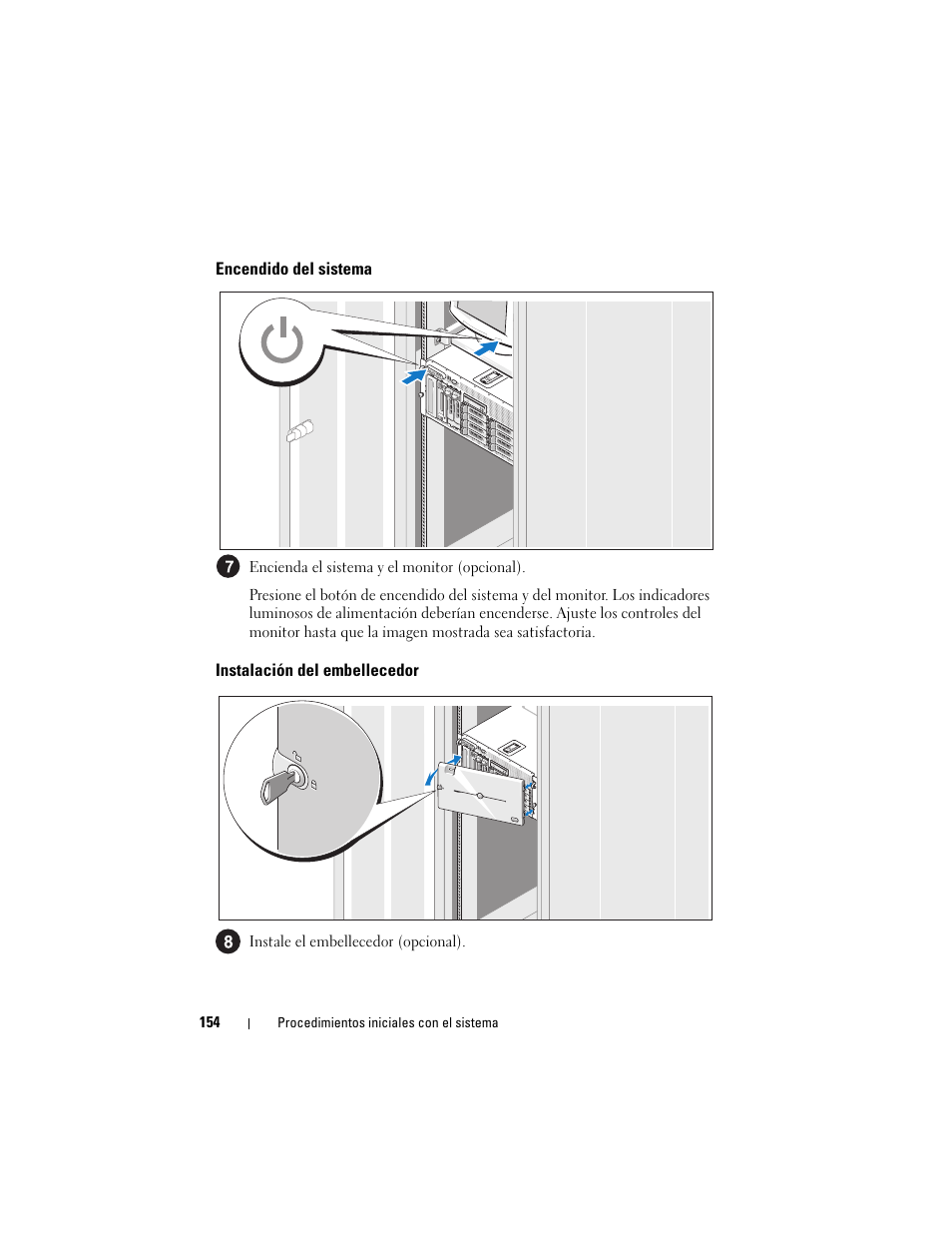 Encendido del sistema, Instalación del embellecedor, Especificaciones técnicas | Dell PowerVault DP600 User Manual | Page 156 / 180