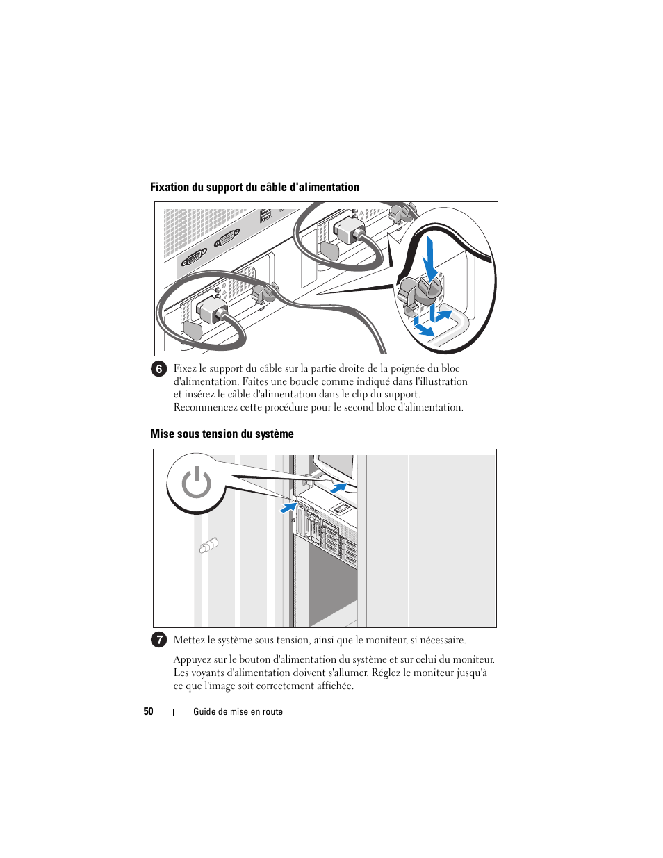 Fixation du support du câble d'alimentation, Mise sous tension du système | Dell PowerVault DP600 User Manual | Page 52 / 180