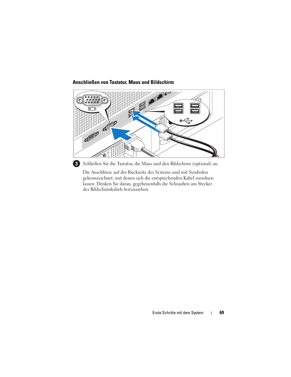 Anschließen von tastatur, maus und bildschirm, Anschließen der stromversorgung | Dell PowerVault DP600 User Manual | Page 71 / 180