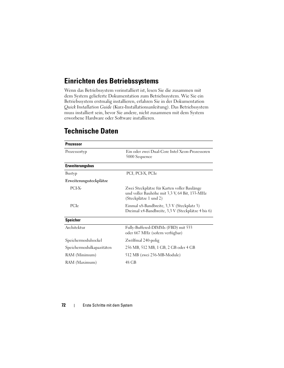 Technische daten, Einrichten des betriebssystems | Dell PowerVault DP600 User Manual | Page 74 / 180