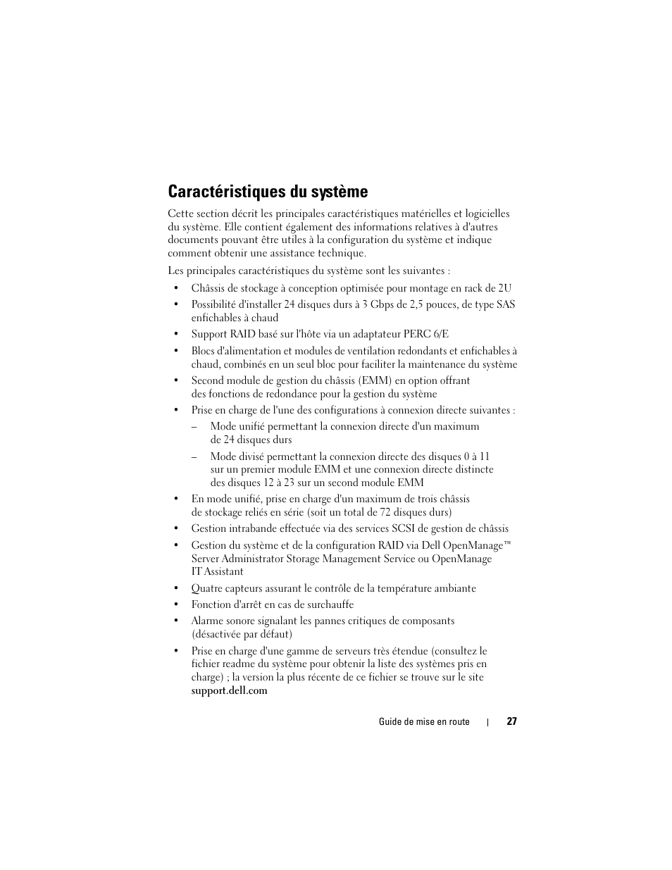 Caractéristiques du système | Dell PowerVault MD1120 User Manual | Page 29 / 124