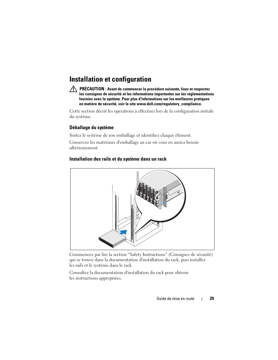 Installation et configuration, Déballage du système, Installation des rails et du système dans un rack | Dell PowerVault MD1120 User Manual | Page 31 / 124