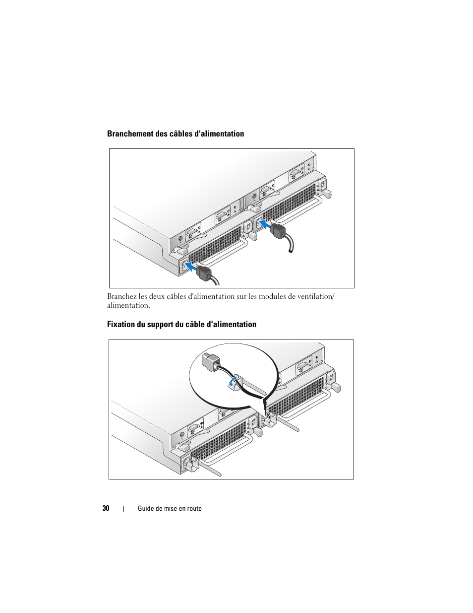 Branchement des câbles d'alimentation, Fixation du support du câble d'alimentation | Dell PowerVault MD1120 User Manual | Page 32 / 124