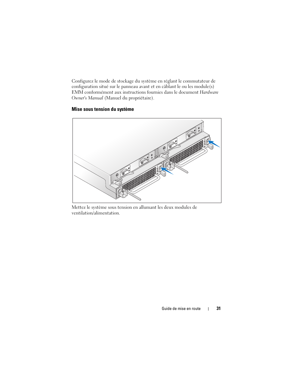 Mise sous tension du système | Dell PowerVault MD1120 User Manual | Page 33 / 124