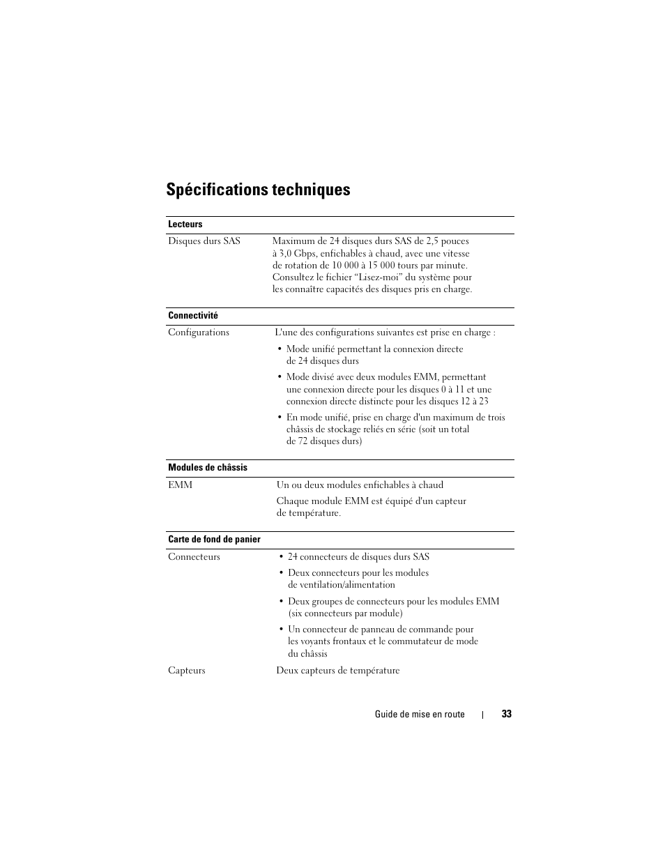 Spécifications techniques | Dell PowerVault MD1120 User Manual | Page 35 / 124