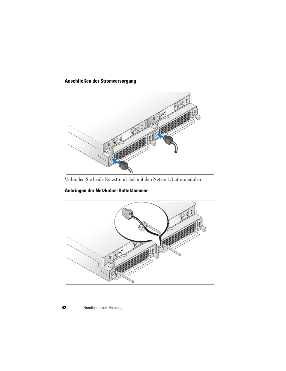 Anschließen der stromversorgung, Anbringen der netzkabel-halteklammer | Dell PowerVault MD1120 User Manual | Page 44 / 124