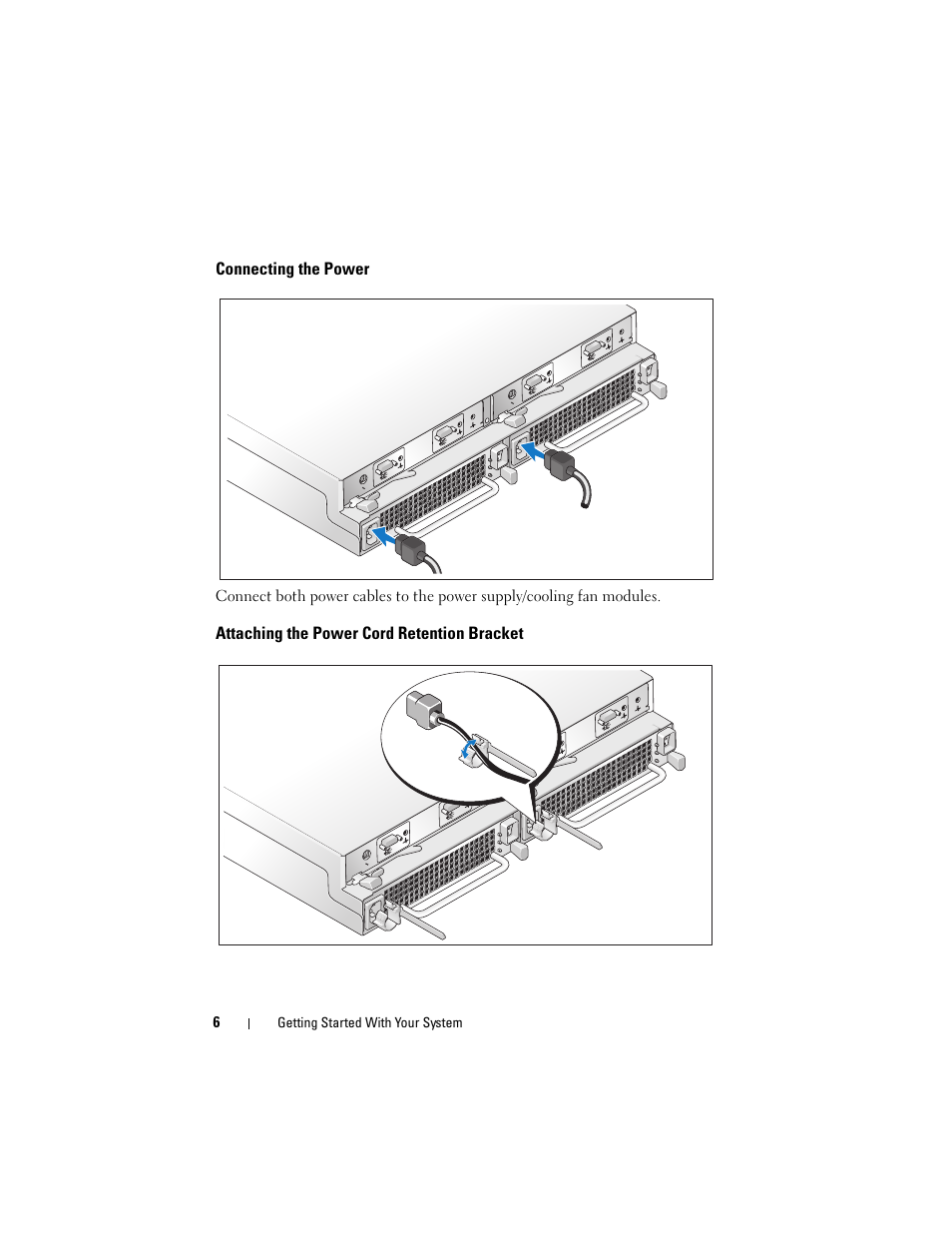 Connecting the power, Attaching the power cord retention bracket | Dell PowerVault MD1120 User Manual | Page 8 / 124