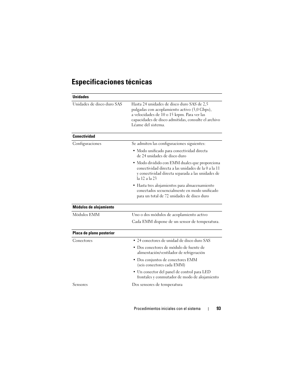 Especificaciones técnicas | Dell PowerVault MD1120 User Manual | Page 95 / 124