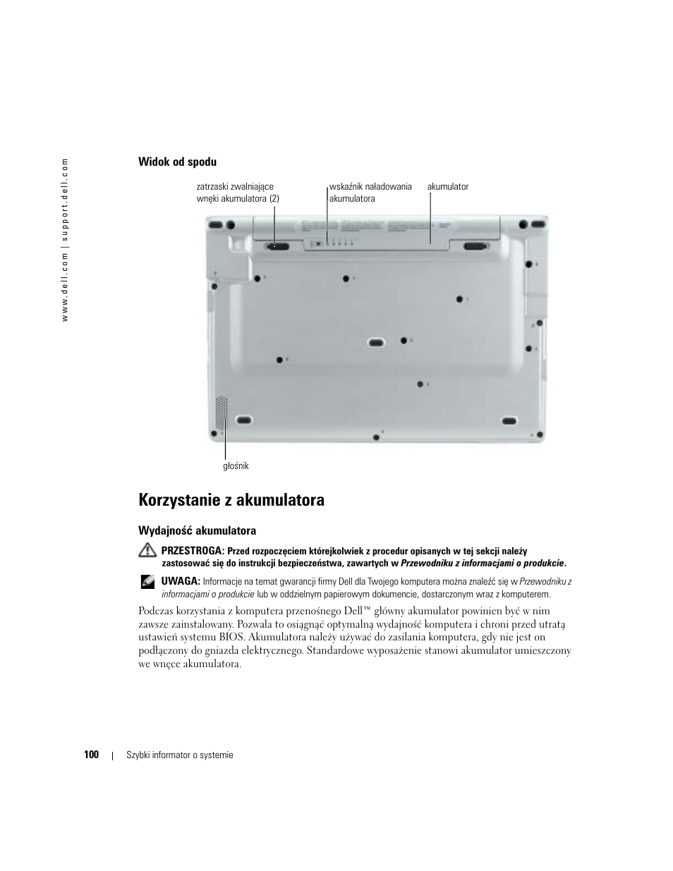 Widok od spodu, Korzystanie z akumulatora, Wydajnoœæ akumulatora | Wydajność akumulatora | Dell Latitude X1 User Manual | Page 100 / 176