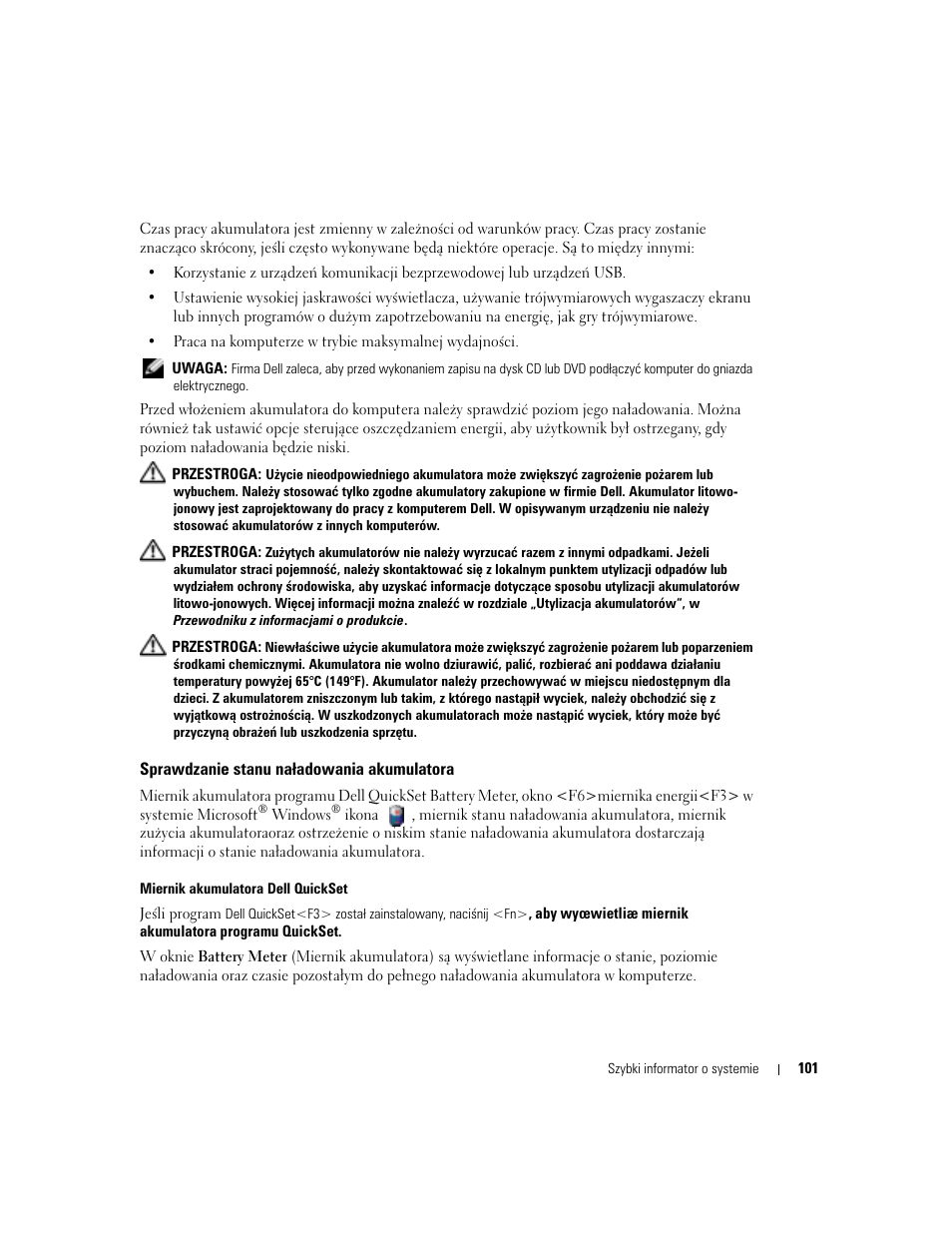Sprawdzanie stanu na¸adowania akumulatora, Sprawdzanie stanu naładowania akumulatora | Dell Latitude X1 User Manual | Page 101 / 176