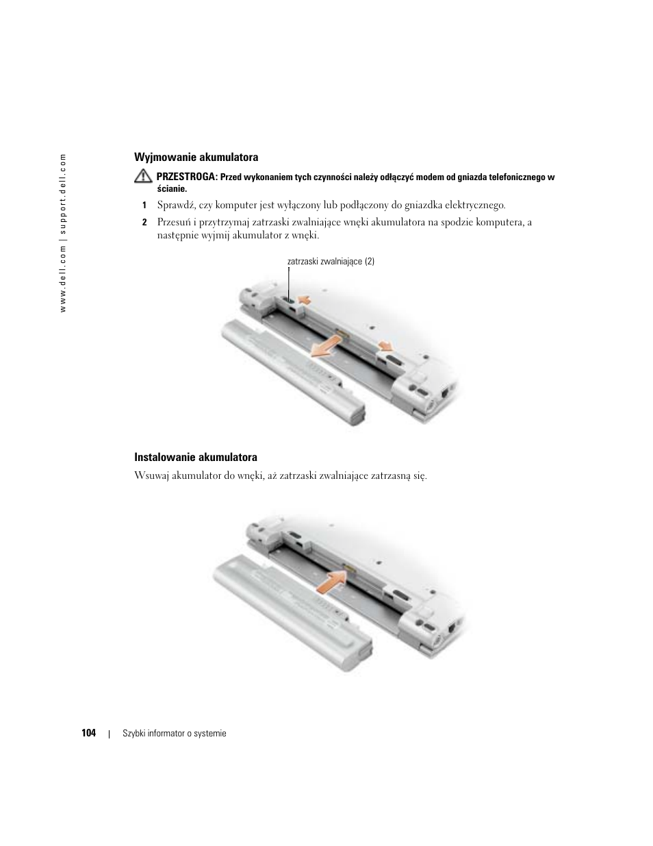 Wyjmowanie akumulatora, Instalowanie akumulatora | Dell Latitude X1 User Manual | Page 104 / 176